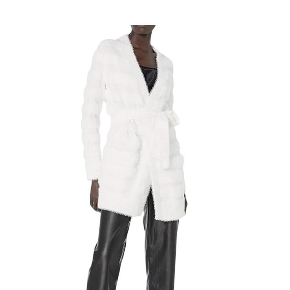 MILLY Fuzzy Stripe Knit Open Front Cardigan Tie Belt Sweater Women Small NWOT